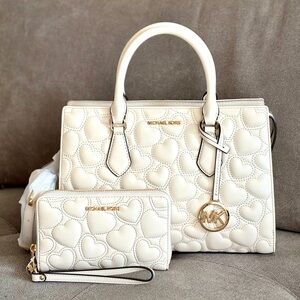 MICHAEL KORS Cream Quilted Heart Satchel with Matching Wallet